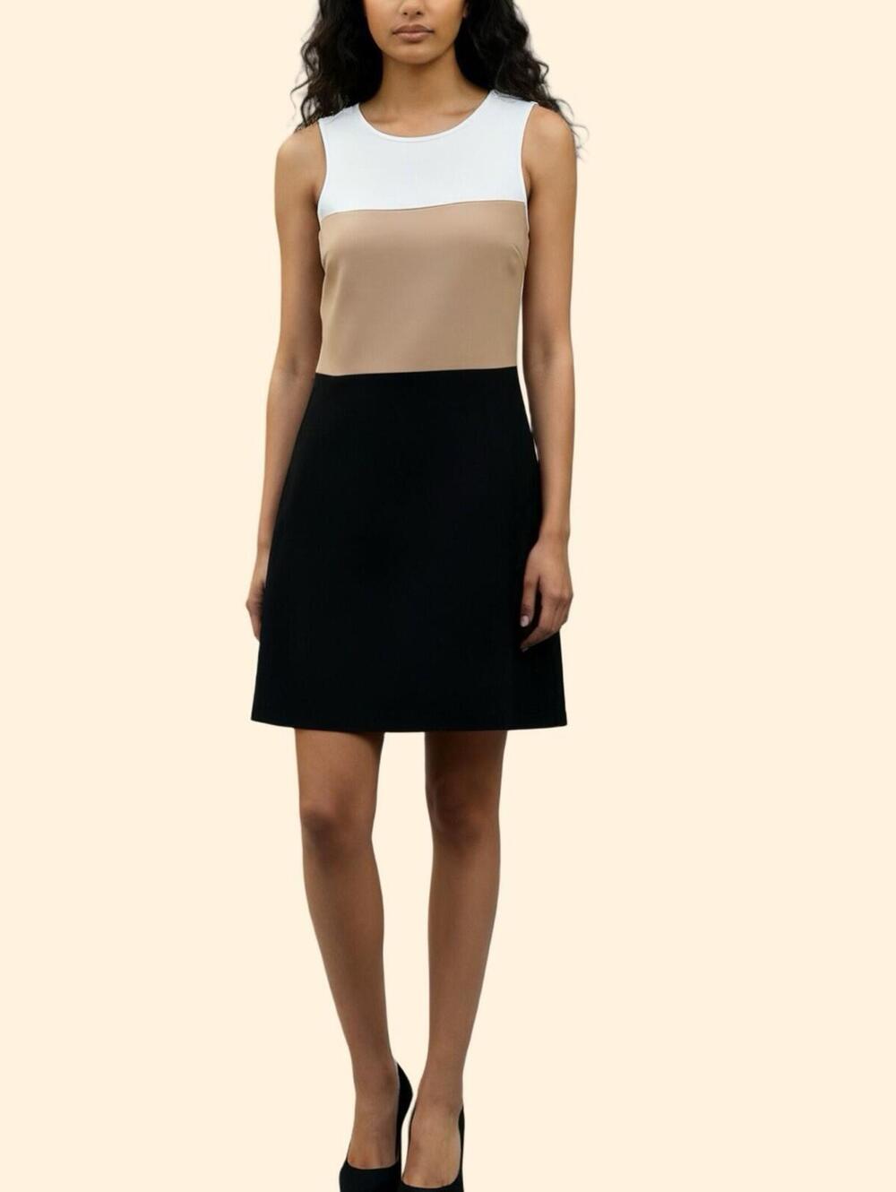 Michael Kors White Creme Black Color Block Flare Dress Career Cocktail Classic